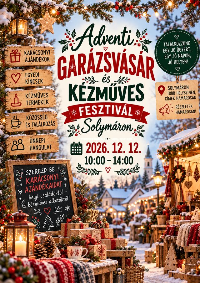 Solymári Adventi Garázsvásár és Kézműves Fesztivál plakát: 2026. december 12., 10:00-14:00, Solymáron